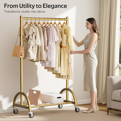 MISSLO Heavy Duty Clothing Rack with Wheels Rolling Clothes Racks for Hanging Clothes, Coats, Garment, Dress, Gold, 30" W - color: Gold, size: 30"W x 14.8"D x 66"H (Small)