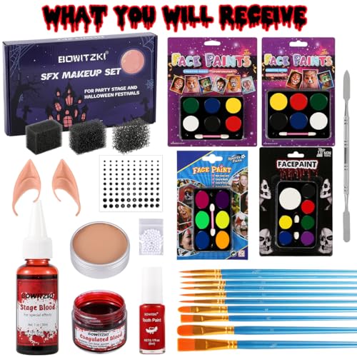 Bowitzki Halloween Makeup Set Oil Based Face Body Paint Special Effects Kit SFX Sponges Scar Wax Fake Blood Brush Tooth Paint Halloween Party SFX Cosplay