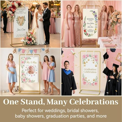 Wedding Welcome Sign Stand, Adjustable 50/68 Inch Metal Sign Holder, Gold | Overall size 68 x 31 x 20 in; ideal for seating charts, bridal showers, baby showers, graduations and ceremony entrances.