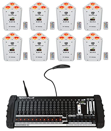 Rockville RF Wedge White RGBWA+UV DJ Par Up Light 8-Pack with Controller
