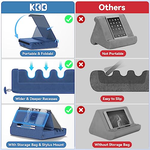KDD Tablet Pillow Holder, Foldable iPad Stand for Lap, Bed and Desk -Tablet Soft Pad Dock with Pocket & Stylus Mount Compatible with iPad Pro 12.9, 10.5, 9.7 Air Mini 6 5 4 3, Galaxy Tab,E-Reader - color: Blue