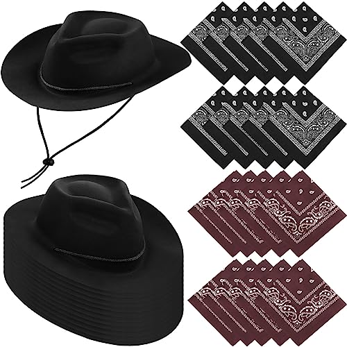 Hillban 48 Pack Cowboy Hats and Bandanas Set, Felt Plastic Cowgirl Hats for Women Men Cowboy Western Party Supplies (Black, Brown) - color: Black, Brown