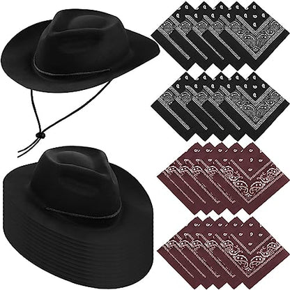 Hillban 48 Pack Cowboy Hats and Bandanas Set, Felt Plastic Cowgirl Hats for Women Men Cowboy Western Party Supplies (Black, Brown) - color: Black, Brown