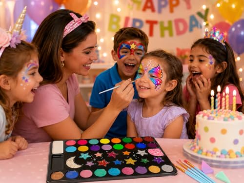 Face Paint Palette Kit 40 Colors Waterproof Oil Based Body Paint Makeup Kit | Face Painting Kit for Kids Professional Non-Toxic Makeup Palette with Tattoo, Brush, Stencil, Sponge, Gem, Party Halloween