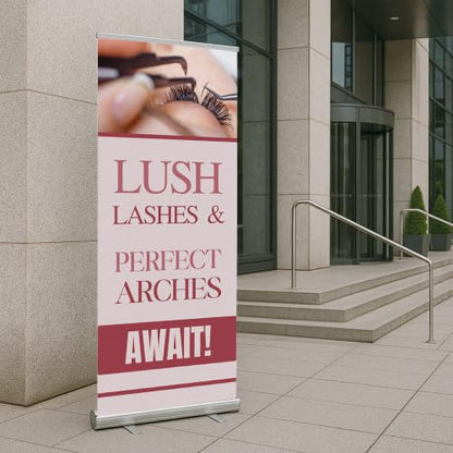 Lashes & Brows Retractable Stand Banner by DC | 33"x81" Roll-Up Display | Lush Lashes Perfect Arches Await Vertical Pull-Up Banner for Trade Shows & Events | Made in USA | (Stand Not Included) - color: Lush Lashes Perfect Arches Await, size: Retractable B