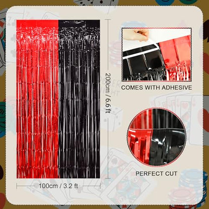 LOLStar Casino Party Decorations, 3 Pack Red and Black Birthday Party Supplies 3.3 x 6.6ft Tinsel Foil Fringe Curtains Photo Booth Props Backdrop Streamers, Decor for Vegas Poker Party