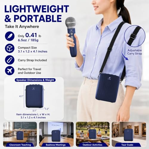 WinBridge Voice Amplifier with Wireless Mic for Teachers Blue WB009 | 15W Powerful Pa System,Bluetooth with 50ft Range, 12–15hr Battery, Dual Voice+Music Mode, Portable Lightweigh,Mute Control - color: Blue