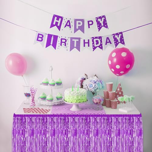 2 Pack 29.5x108 Inch Purple Foil Tinsel Fringe Table Skirts, Disposable Table Skirts for Rectangle Tables Curtains Backdrop Parade Wedding Floats Baby Shower Birthday Mardi Gras Party - color: Purple