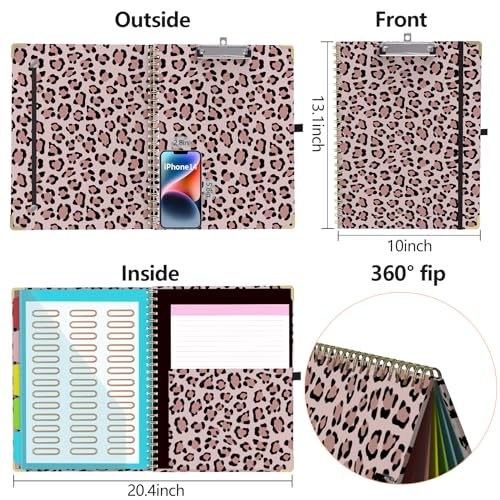 Clipboard Folio with Storage 8.5 X 11 Padfolio Notebook, Clipboards with Notepad Spiral with 10 Pockets and 5 Folders Nursing Teacher School Essentials (Pink Cheetah Spots) - color: Pink Cheetah Spots