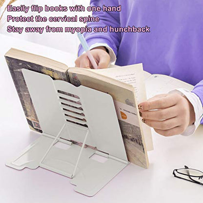 MSDADA Book Stand Metal Reading Rest Book Holder Adjustable Cookbook Holder | Documents Holder Portable Bookstands for Recipes Textbooks Tablet Music Books with Page Clips Gifts for Girls (Milky White) - color: Milky White