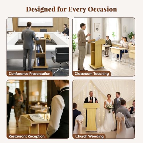 Podium Stand with Metal Wheels Wooden Lectern Podium Stand Portable Pulpit Standing with Storage Mobile Reception Podiums Desk for Church Office School Conference Restaurant Meeting,Oak - color: Wood