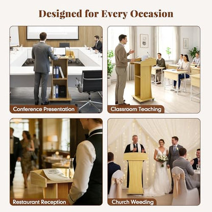 Podium Stand with Metal Wheels Wooden Lectern Podium Stand Portable Pulpit Standing with Storage Mobile Reception Podiums Desk for Church Office School Conference Restaurant Meeting,Oak - color: Wood