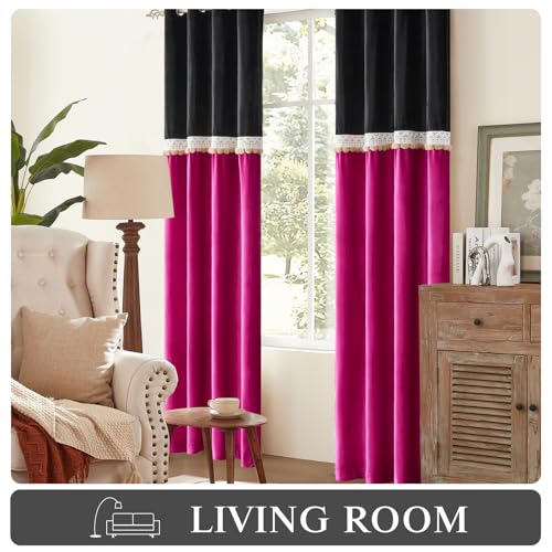 GIGIZAZA Boho 84 Inches Long Curtains 2 Panels for Living Room Black HotPink Farmhouse Velvet Elegant Window Blackout Curtain Drapes Lace Pom Pom Embroidered Curtains - color: Pom Pom/Black+hot Pink, size: 52"W x 84"L (Pack of 2)