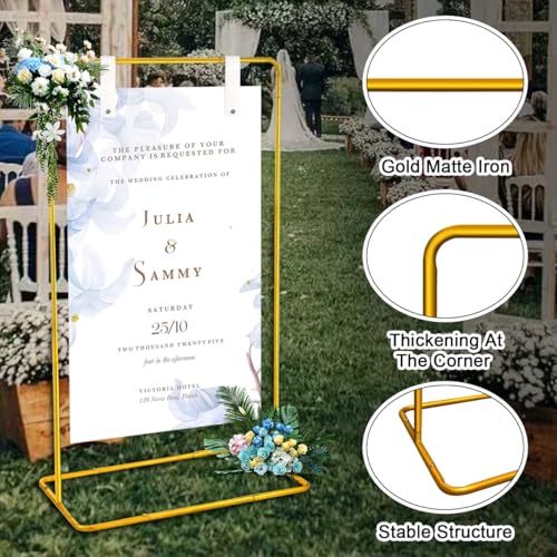 Wedding Sign Holder with 3 Pairs of Leather Straps & 6 Ribbons, Adjustable Height 50"/68" Heavy Duty Easel Stand for Display, Portable Wedding Welcome Sign Stand with Carrying Bag & Digital Templates (Gold)