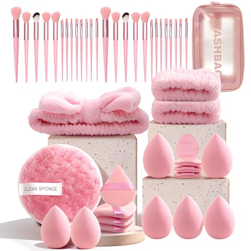 47Pcs Pink Makeup Brushes Set for Women, Professional Multi-Functional Makeup Tools with Storage Case, Includes Foundation & Eye Brushes, Makeup Sponge & Facial Accessories (pink) - color: pink