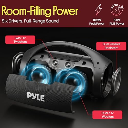 Pyle Portable Bluetooth Boombox Speaker - 100W Peak Power, 19H Battery, FM Radio, USB Playback, Aux in, TWS Pairing - Use for Home, Outdoor, Travel - LED Lights - Sturdy Carry Handle - PBTPSPWP25BK