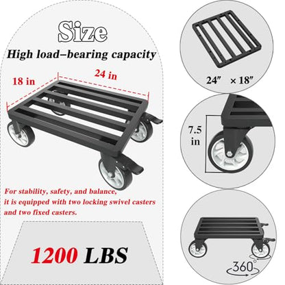 Heavy-Duty Stainless Steel Furniture Dolly, 24'' x 18'' Furniture Mover with 1200LB Capacity, 5'' Swivel Casters & Tie-Down Straps for Secure Transport - size: 24"L x 18"W Dolly
