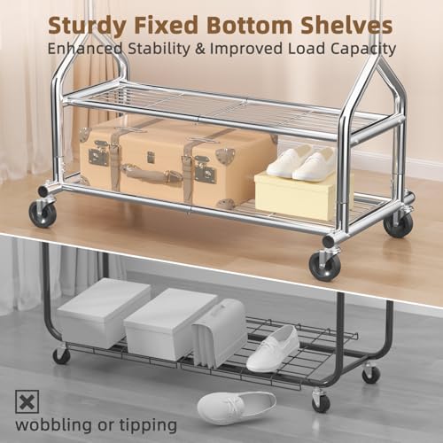 EAGMAK Heavy Duty Clothes Rack Load 556 LBS, Rolling Clothing Rack With Shelves, Height Adjustable Metal Clothes Hanger with Wheels Portable Wardrobe Organizer Garment Rod for Hanging Clothes (Silver) - color: Silver, style: 2 Shelves