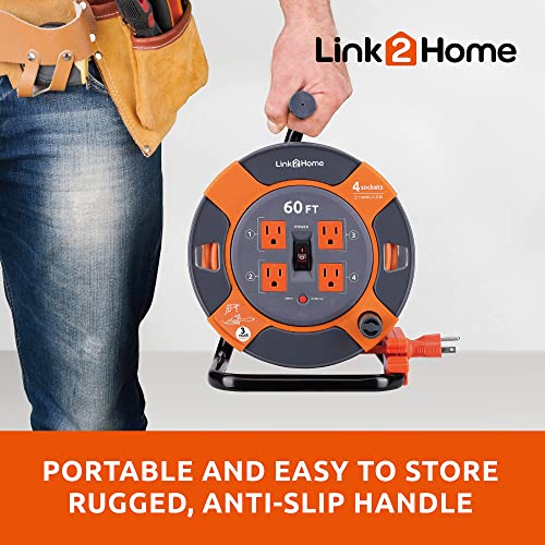 Link2Home 60 Ft. Extension Cord Reel, 4 Power Outlets, 14 AWG SJTW | Heavy-duty cable, high-visibility jacket, ideal for job sites and garages - size: 60 feet