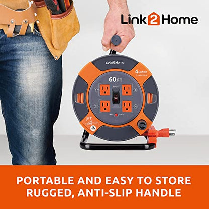 Link2Home 60 Ft. Extension Cord Reel, 4 Power Outlets, 14 AWG SJTW | Heavy-duty cable, high-visibility jacket, ideal for job sites and garages - size: 60 feet