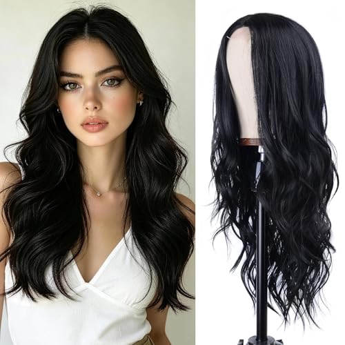 Aida ble Long Wavy Black Wig for Women 26inch Middle Part Synthetic Wig | Natural Looking Heat Resistant Hair,Suitable for Daily Wear,Party,Halloween and Cosplay,Beginner-friendly Wig - color: Black