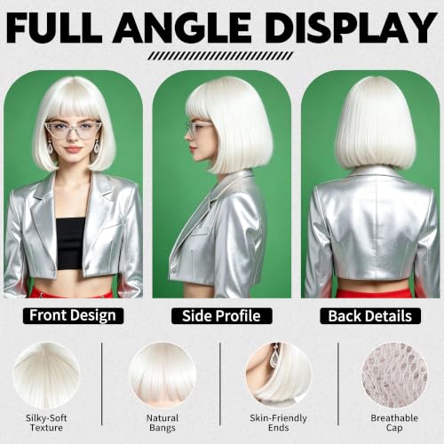 Short Bob Straight Hair Wigs with Bangs, Heat Resistant Fiber Hair, Cat Eye Glasses for Women (White) - color: White