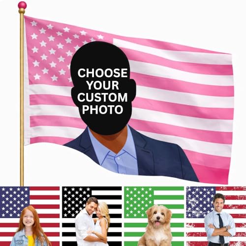 Custom Flag with Face on It by DreamController; Personalized American Flag with Photo Logo; Pink Flag Custom; 5 Sizes; HD Print; 2 Grommets; No Pole Hardware; Made in USA Fast Delivery - color: Flag with Photo