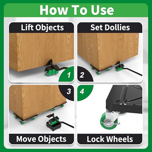 Heavy Duty Furniture Dolly 360 Rotate 5 Wheels 3400 Lbs Capacity 6.9x6.5 in | Upgraded Furniture Movers with Green Wheels, 6 Sliders, Alloy Steel Furniture Lifter Tool for Home & Office Uses - color: Green, size: 6.9x6.5 IN-6 Sliders