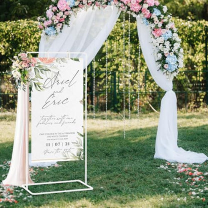 Meiqi Adjustable Wedding Welcome Sign Stand with 4 Leather Hanging Straps, Ground Stakes & Weight Bag - Large Easel for Wedding Signs, Posters, Banners - Perfect for Outdoor Events, Baby Showers (White) - color: White