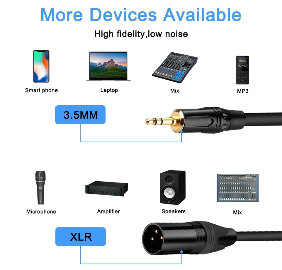 3.5mm to XLR Cable, 1.5 FT XLR to 3.5mm Unbalanced 1/8 inch Mini Jack Stereo to XLR Male Cord Adapter Mono Audio Cord for Cell Phone, La ptop, Speaker, Mixer - size: 1.5 FT