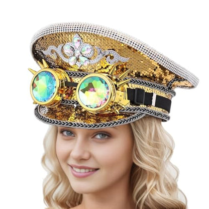 GRACEART Women's Burning Man Sequin Hat Mucis Festival Military Captain Hats Steampunk Caps with Goggles - style: Style-00(with Goggle)