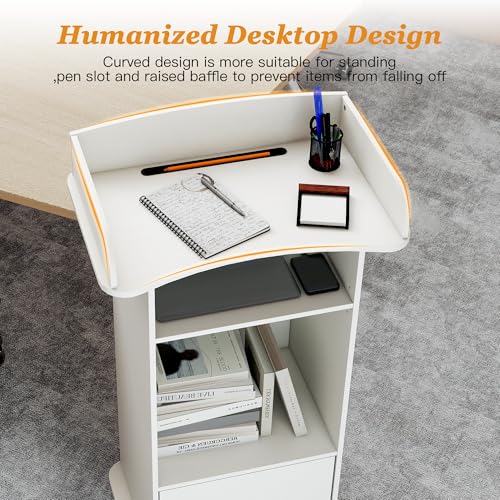 Podium Stand with Metal Wheels Wooden Lectern Podium Stand Portable Pulpit Standing with Storage Mobile Reception Podiums Desk for Church Office School Conference Restaurant Meeting, White - color: White