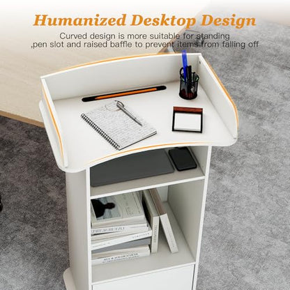 Podium Stand with Metal Wheels Wooden Lectern Podium Stand Portable Pulpit Standing with Storage Mobile Reception Podiums Desk for Church Office School Conference Restaurant Meeting, White - color: White