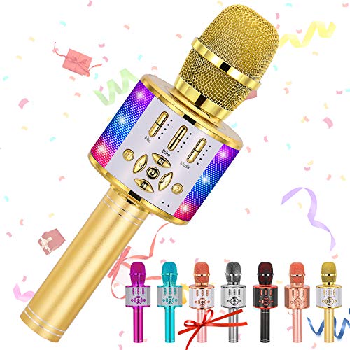 Amazmic Kids Karaoke Microphone Machine Toy Bluetooth Microphone Portable Wireless Karaoke Machine Handheld with LED Lights, Gift for Children Adults Birthday Party, Home KTV(Gold) - color: Gold