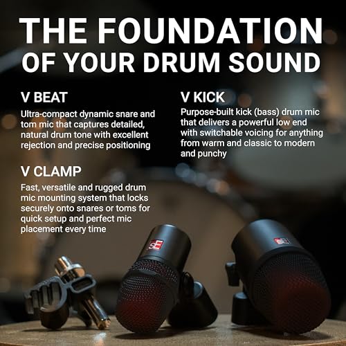 SE ELECTRONICS V Pack Arena Black Drum Mic Kit for Toms, Snares & Bass Drums - Includes 1 V Kick, 3 V Beats, 3 V Clamps, 1 V7 X Instrument Microphone, 2 sE8 Condensers & More - color: V Pack Arena Black