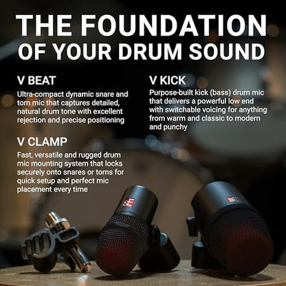 SE ELECTRONICS V Pack Arena Black Drum Mic Kit for Toms, Snares & Bass Drums - Includes 1 V Kick, 3 V Beats, 3 V Clamps, 1 V7 X Instrument Microphone, 2 sE8 Condensers & More - color: V Pack Arena Black