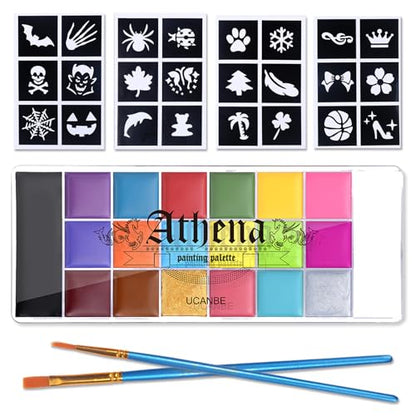 UCANBE Athena Face Body Painting Kit - 20 Color Large Deep Pan Paint, 24 Stencils, 2pcs Brushes, Professional Oil Based SFX Makeup Palette for Art, Theater, Halloween, Parties and Cosplay - color: Set #2