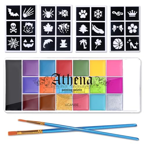 UCANBE Athena Face Body Painting Kit - 20 Color Large Deep Pan Paint, 24 Stencils, 2pcs Brushes, Professional Oil Based SFX Makeup Palette for Art, Theater, Halloween, Parties and Cosplay - color: Set #2