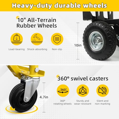 4 in 1 Convertible Hand Truck Dolly, 1000Lbs Capacity, Heavy Duty Folding Hand Truck Dolly Cart with Wheels 10" All-Terrain Tires, Hand Trucks for Logistics, Home, Office, School, Yellow - color: Yellow