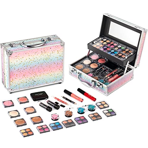 Hot Sugar Makeup Kit Starter Gift Set with Train Case for Teens (Rainbow) | Complete beauty cosmetics set with reusable rainbow makeup box. Includes pigmented eyeshadow palette, blush and lipstick. - color: Rainbow