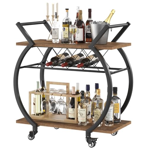 LVB Industrial Bar Cart, Beverage Serving Cart with Wheels, Rustic Brown - style: Rustic Brown