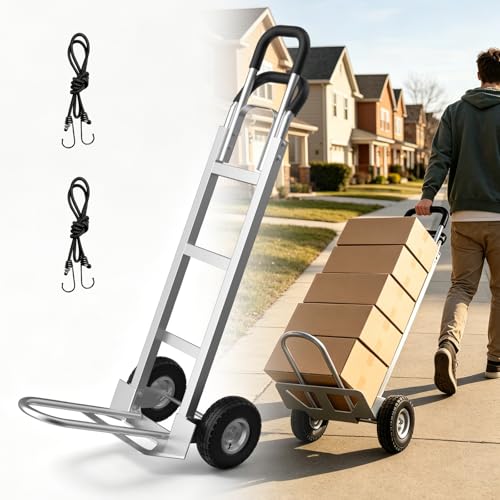 2 in 1 Hand Truck, 600 Lbs Capacity, Dolly Cart with Wheels 10" All-Terrain Tires, Heavy Duty Alloy Steel Dolly with Dual Handles, 2 Bungee Cord for Warehouse, Home, Office, Dormitory, Silver - color: Silver-2