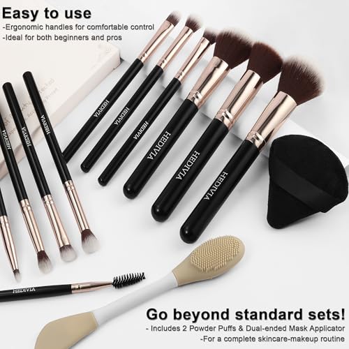 Black Makeup Brushes Set 14 Pcs Professional, Premium Synthetic Foundation Makeup Brush Concealer Powder Blush Eyeshadow Brushes with 2 Powder Puff & Dual-ended Mask Applicator.Gifts for Girls - color: black