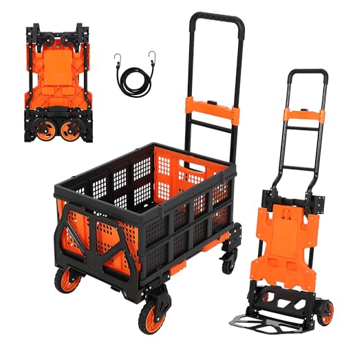 2-in-1 Folding Hand Truck with Collapsible Basket, 330lb Capacity Heavy Duty Platform Cart, Retractable Telescoping Handle, 4 Wheels Portable Dolly for Moving Office Luggage Warehouse, Orange - color: Orange