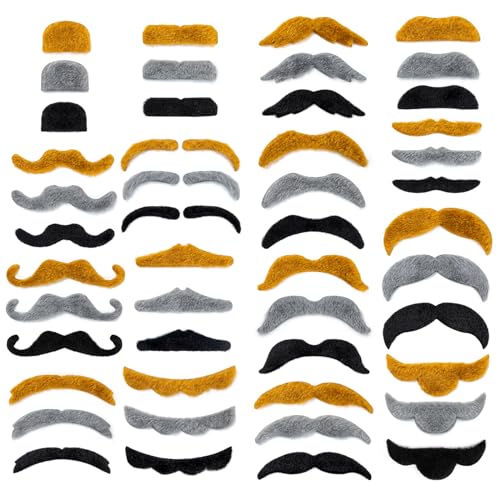 48 Pcs Fake Mustaches, Self Adhesive Fake Beard, Novelty Hairy Beard, Costume Facial Hair for Halloween Party - color: Yellow+black+gray