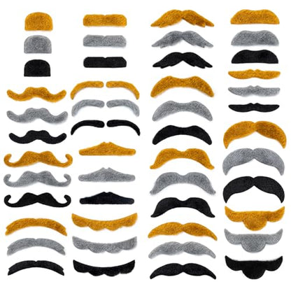 48 Pcs Fake Mustaches, Self Adhesive Fake Beard, Novelty Hairy Beard, Costume Facial Hair for Halloween Party - color: Yellow+black+gray