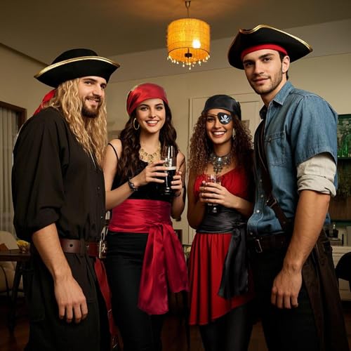 Women Pirate Costume Accessories Set|Headscarf Wrap Hat Sash Belt Cosplay Outfit With Stainless Steel Earring Necklace - style: 5 Pcs Pirate Set - Red Pirate Metal Skull Set