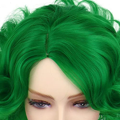 Short Curly Green Wigs For Women Cosplay St Patricks Day Costume Dress Up | Big Layered Wavy Synthetic Hair Halloween Costume Party Drag Queen Dress Up Dark Green Wig with Side Bangs Irish Queen Trendy - color: Green