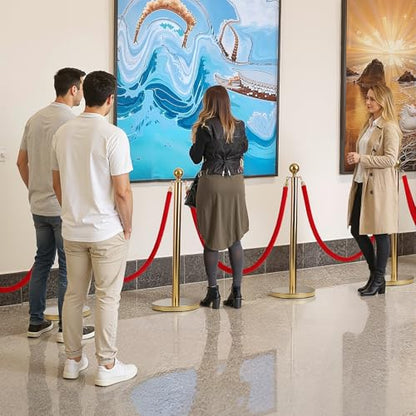 6Pcs Golden Stanchion Posts with 4 Red Velvet Ropes,Crowd Control Barriers for Birthday High-end Venues,Water/Sand/Concrete Fillable Leakproof Base,Easy to Assemble Golden