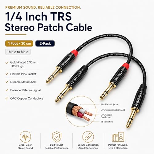 1/4 Inch TRS Balanced Cable 1 Foot (2-Pack) Male to Male - 20AWG OFC Professional Audio Patch Cable with 24K Gold-Plated Connectors for Studio Monitor, Audio Interface, DJ Mixer, Amplifier